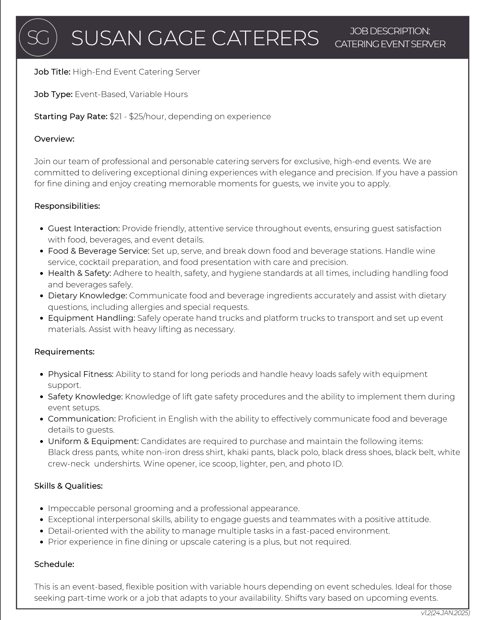 Susan Gage Caterer — Event Server job description
